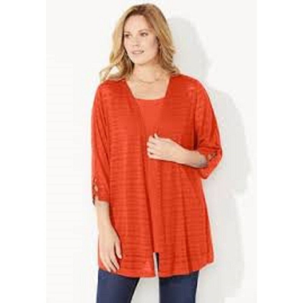 Catherines Women's Shadow Stripe Open Cardigan Orange 3/4 Sleeve Stretch 3X NEW